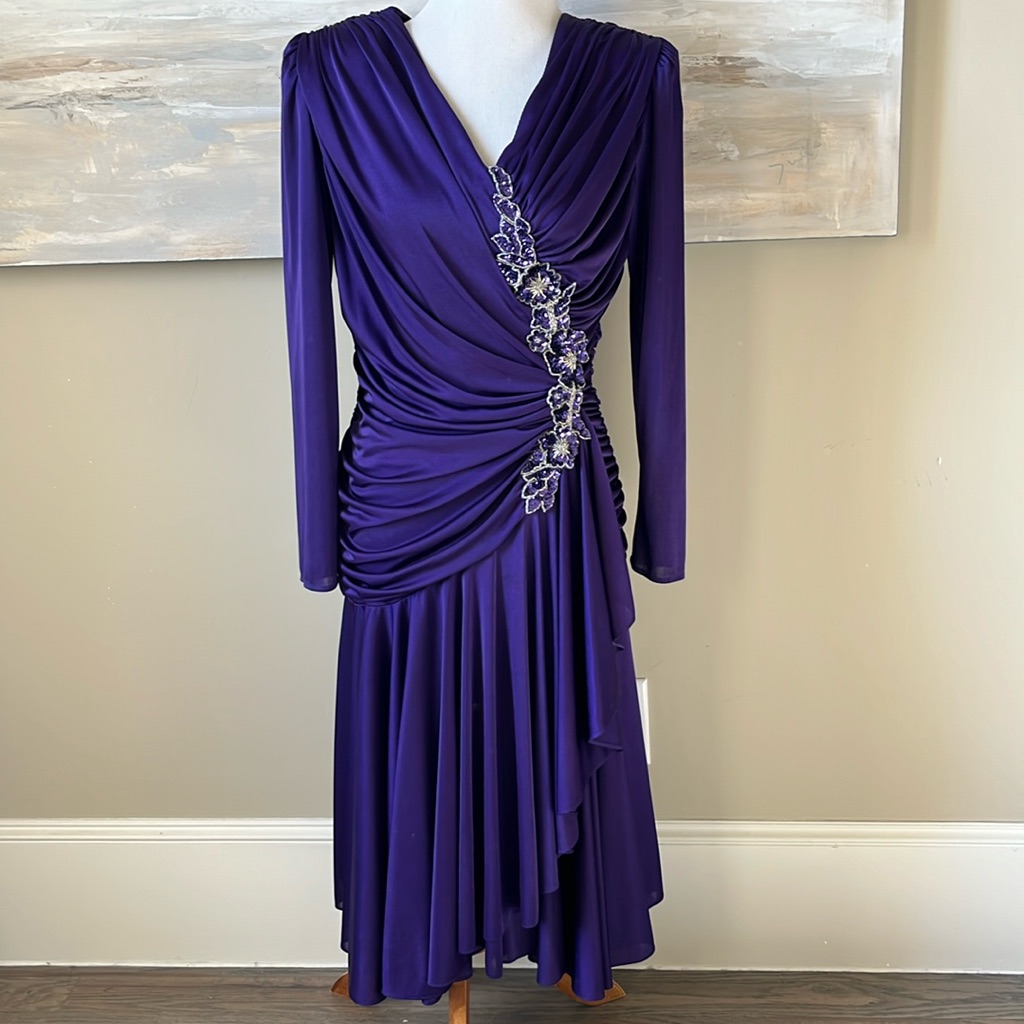 Vintage 80’s Abby Kent Elegant Purple Beaded Ruched Dress